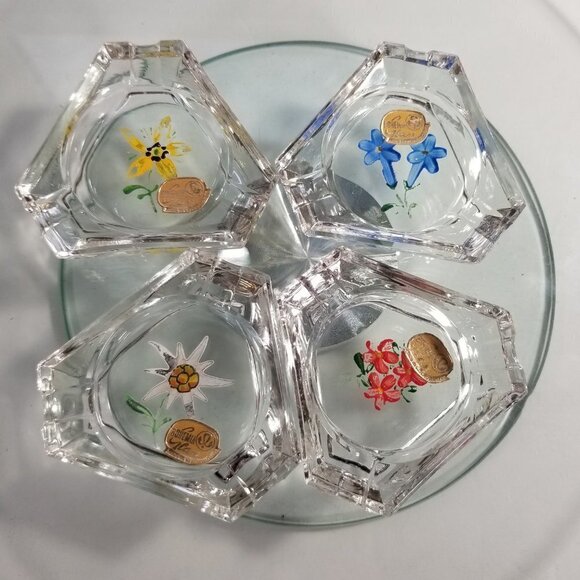 Bohemia Glass Individual Personal Ashtrays Floral Design Hexagon Shape Vintage - Picture 2 of 8